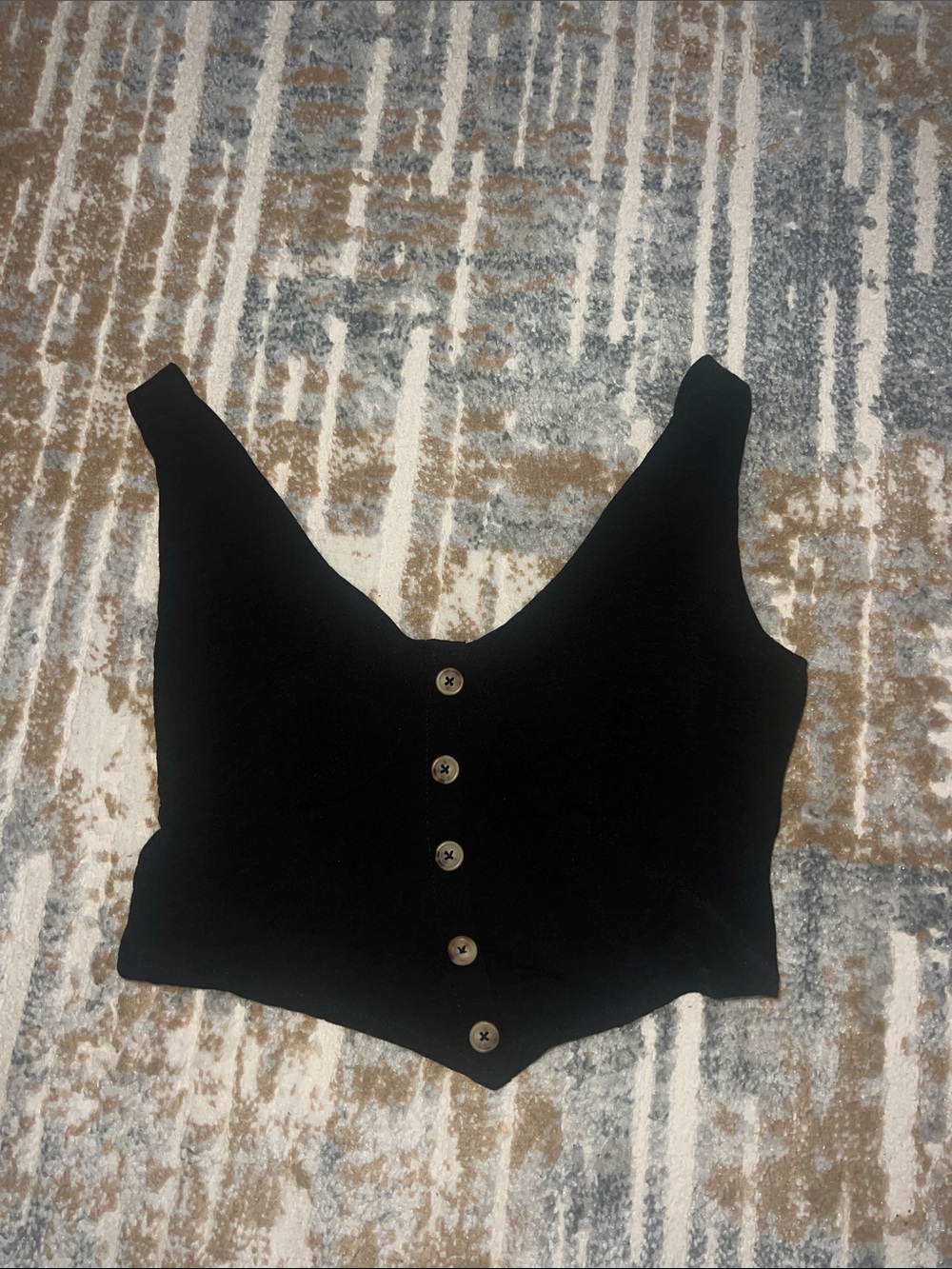Black Button-Front V-Neck Cropped Tank Top & Black Pants Set